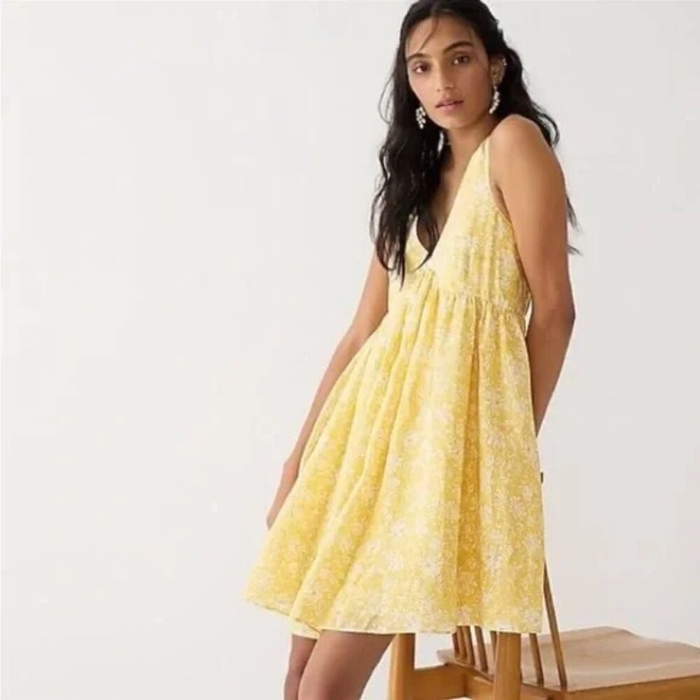 J. Crew Swingy V Neck Mini Dress Pale Yellow Tossed Floral Size XL Lightly Used